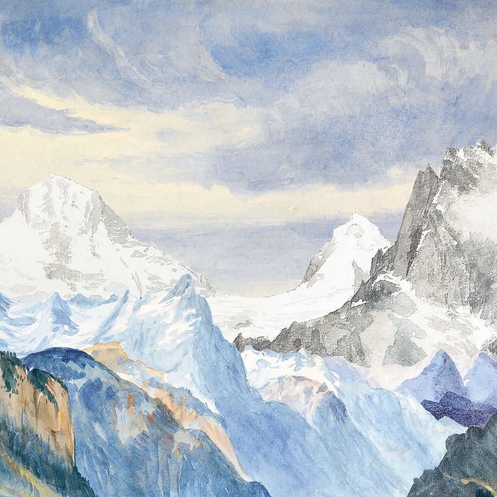 Watercolor snowy mountain range. Remixed by rawpixel.