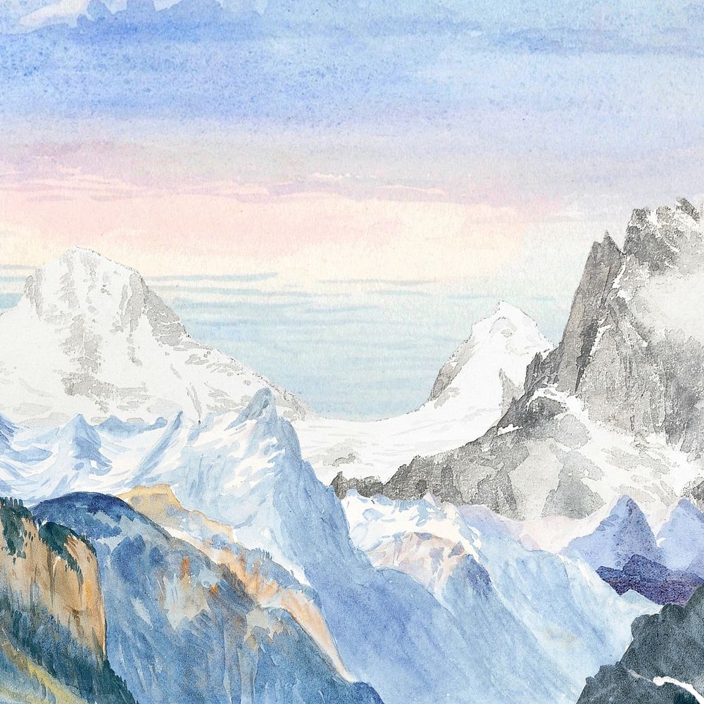 Watercolor snowy mountain range. Remixed by rawpixel.