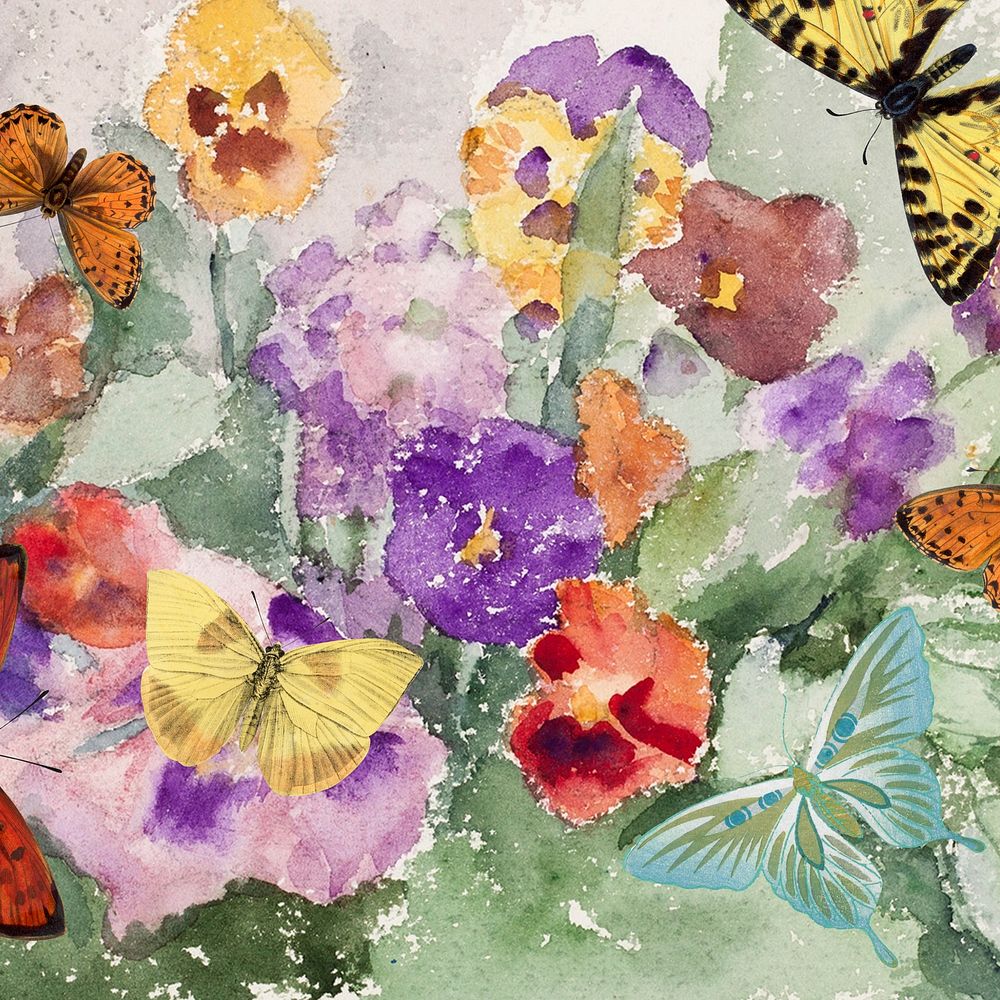 Watercolor butterflies and flowers. Remixed by rawpixel.