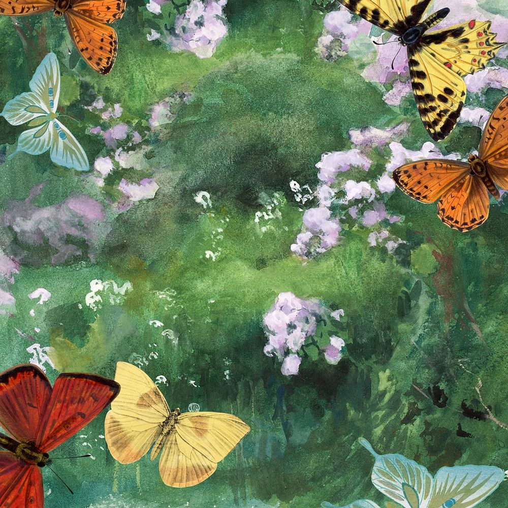 Watercolor butterflies in flower field. Remixed by rawpixel.