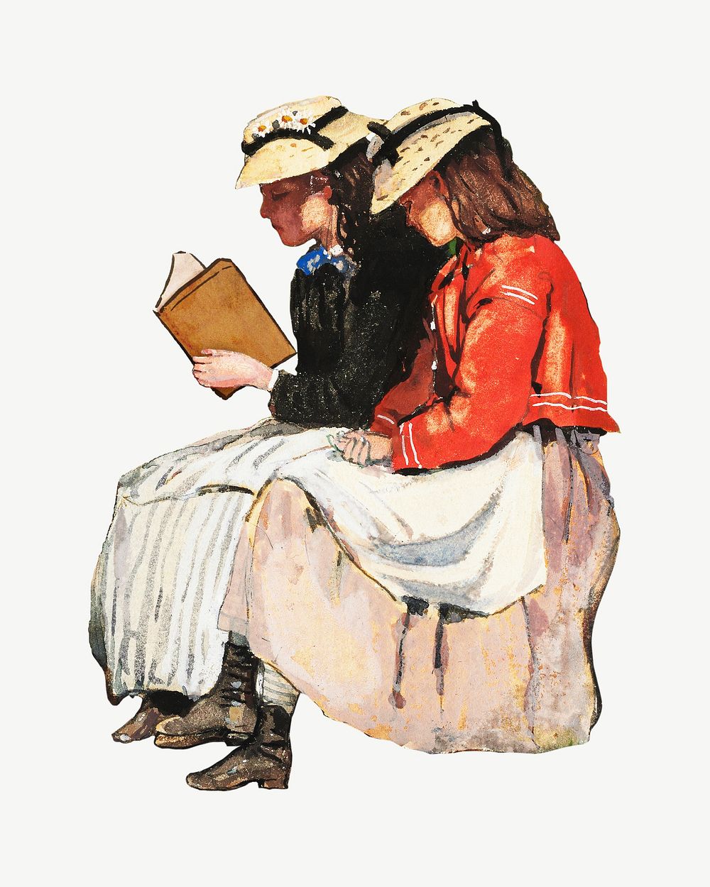 Watercolor young women reading book collage element psd. Remixed by rawpixel.