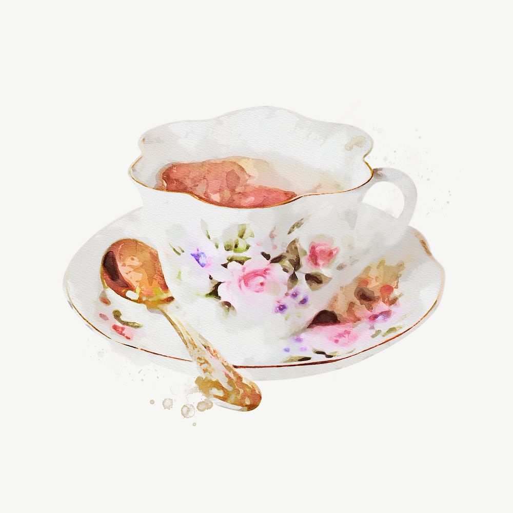 Floral teacup watercolor collage element psd. Remixed by rawpixel.