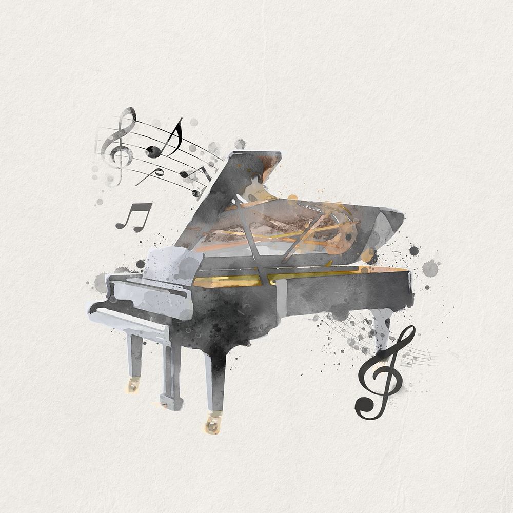 Grand piano, watercolor collage element. Remixed by rawpixel.