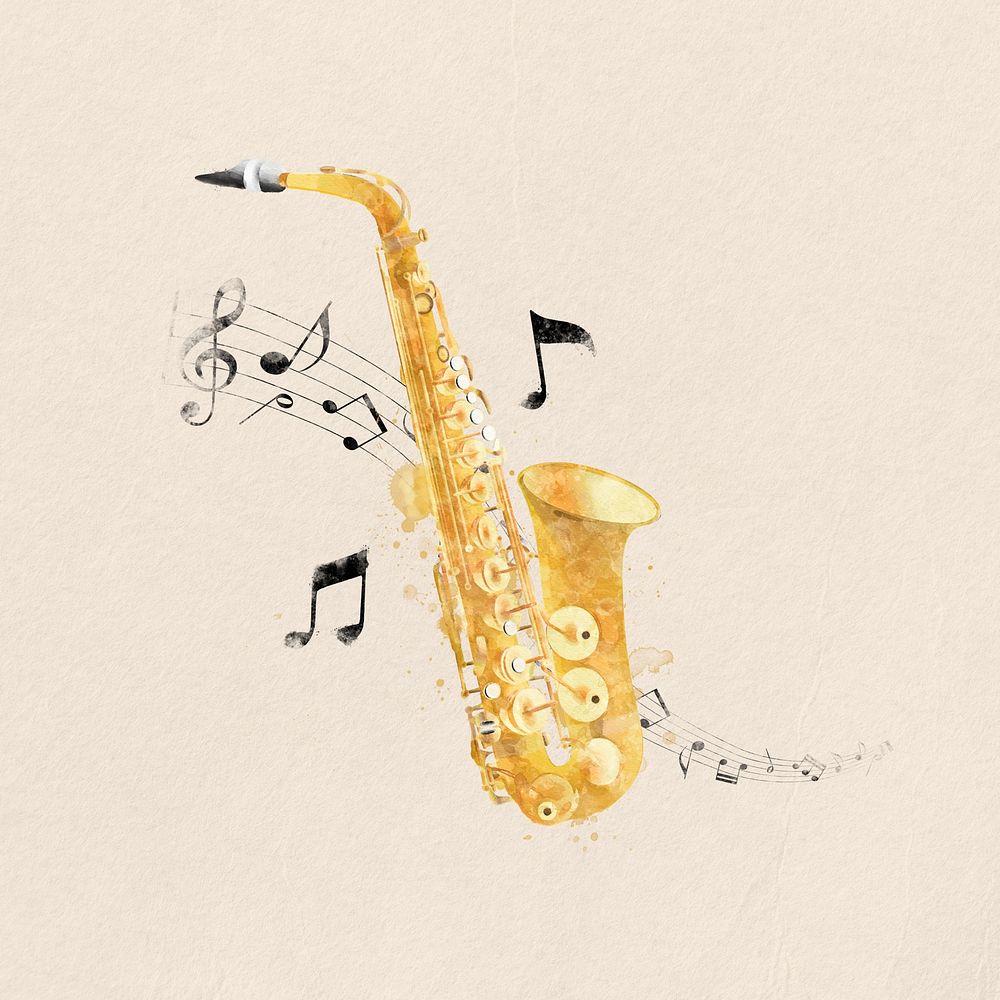 Saxophone watercolor collage element. Remixed by rawpixel.