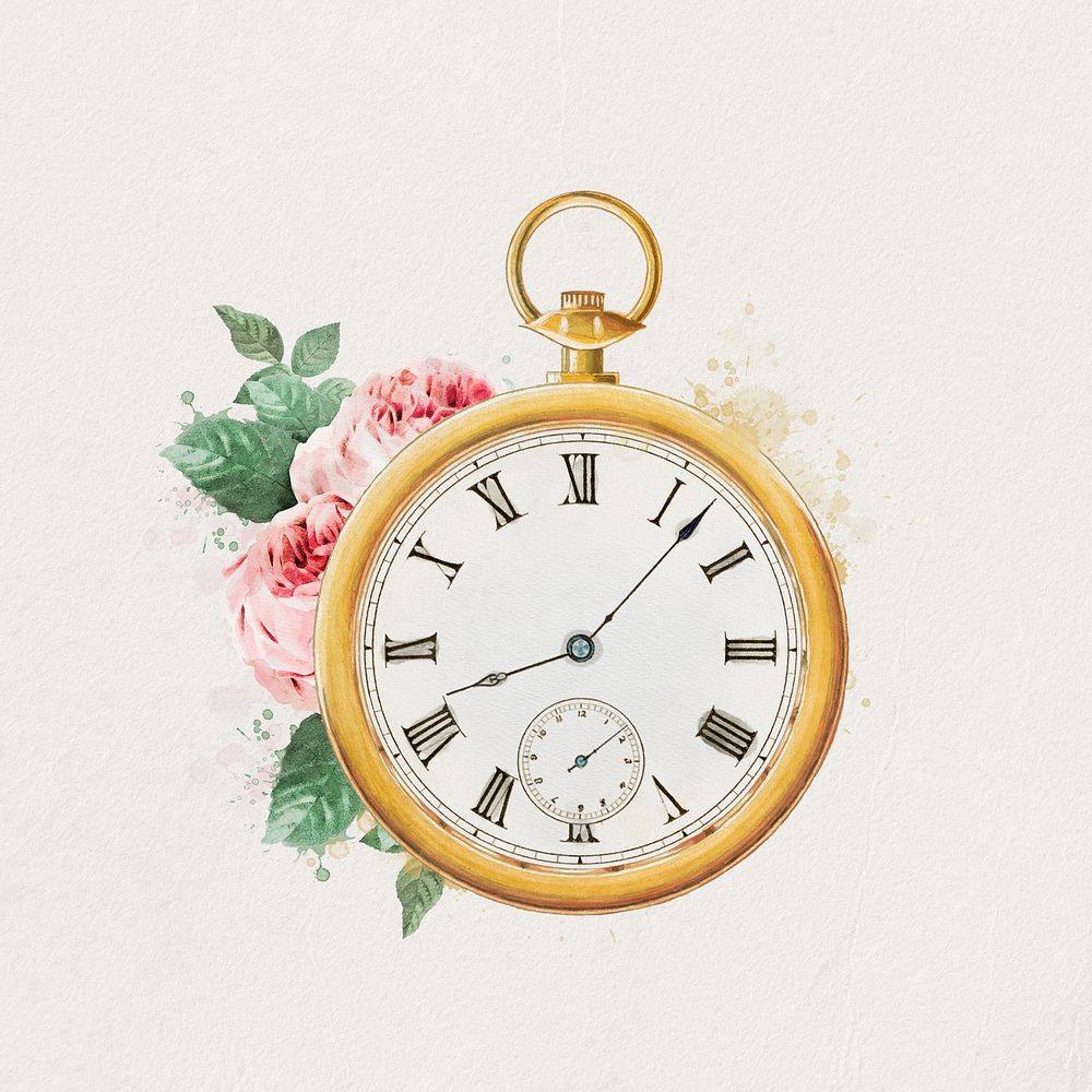 Watercolor pocket watch collage element. Remixed by rawpixel.