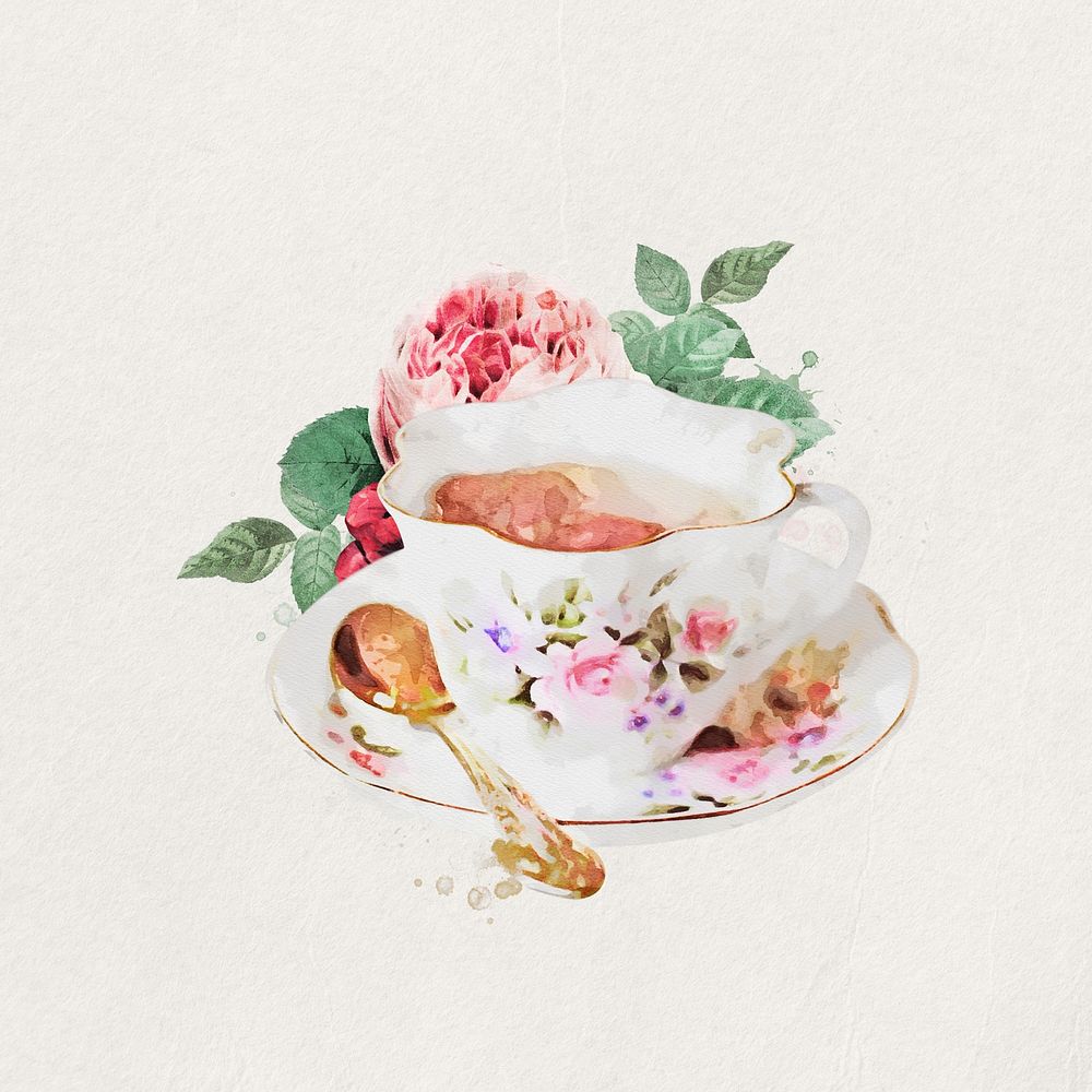 Floral teacup watercolor  collage element. Remixed by rawpixel.