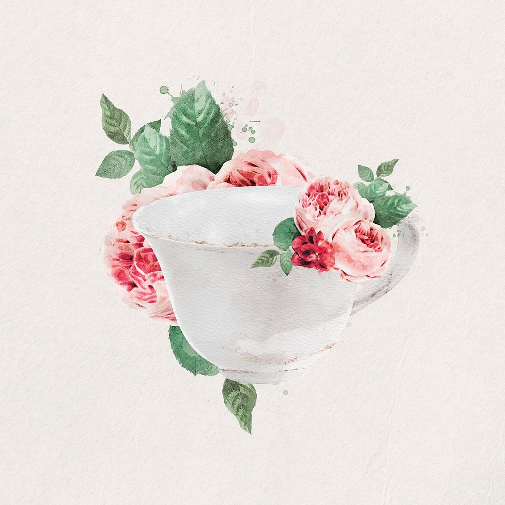 Floral teacup watercolor  collage element. Remixed by rawpixel.