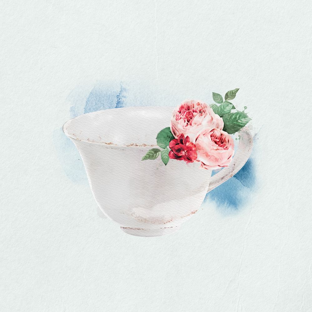 Watercolor floral teacup  collage element. Remixed by rawpixel.