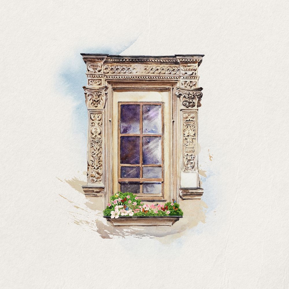 Watercolor building window collage element. Remixed by rawpixel.