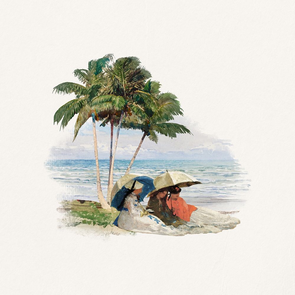 Watercolor girls at beach collage element. Remixed by rawpixel.