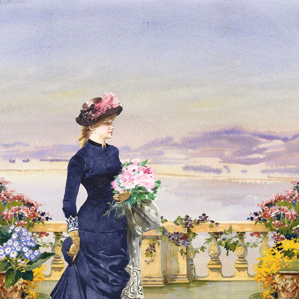 Watercolor woman at balcony background. Remixed by rawpixel.