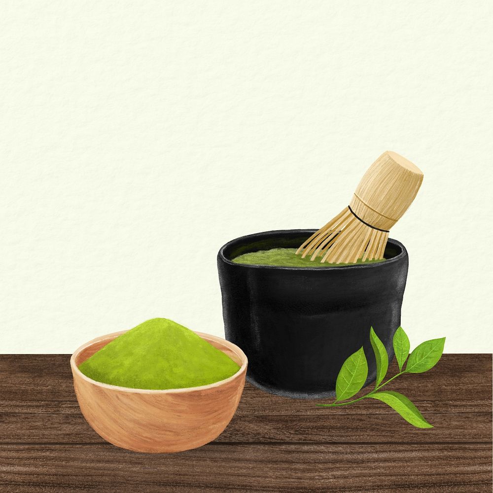 Japanese matcha, drinks illustration, green background