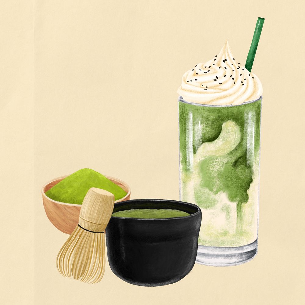Matcha drink, cafe illustration, beige background
