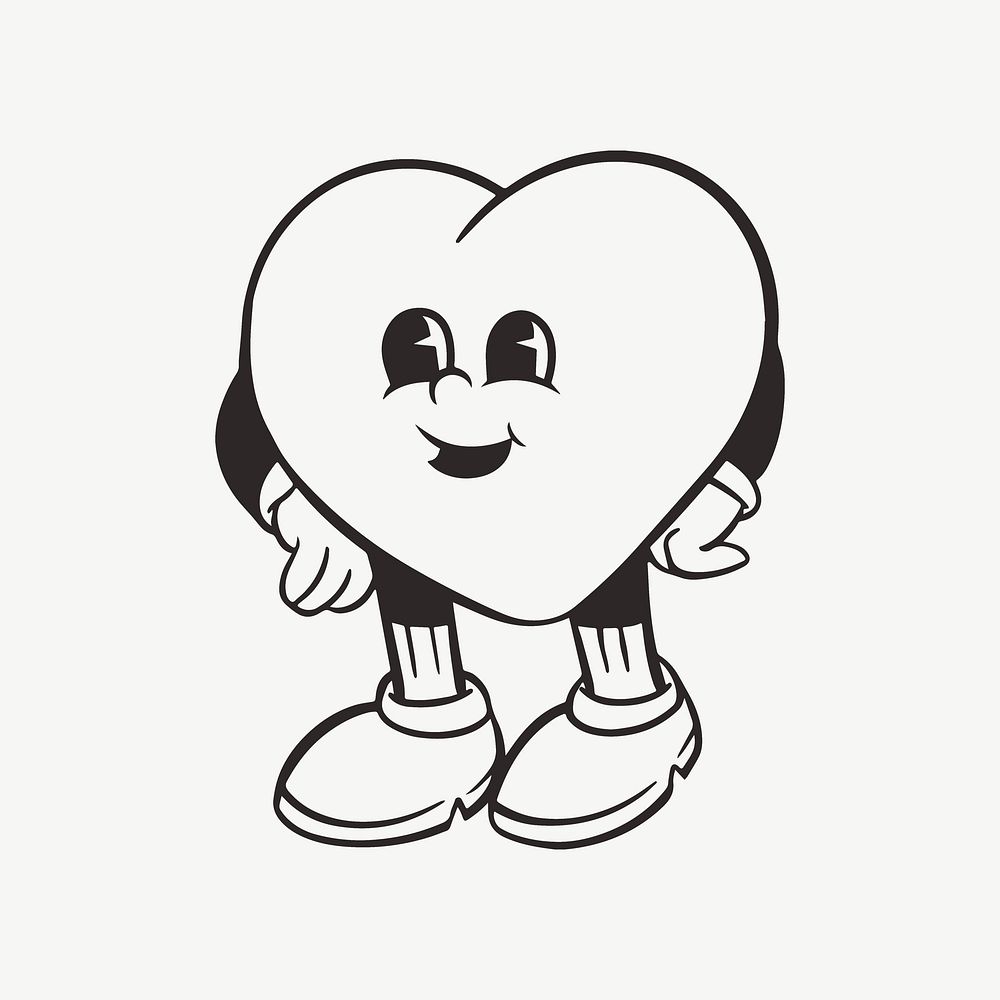 Heart character, retro line illustration psd
