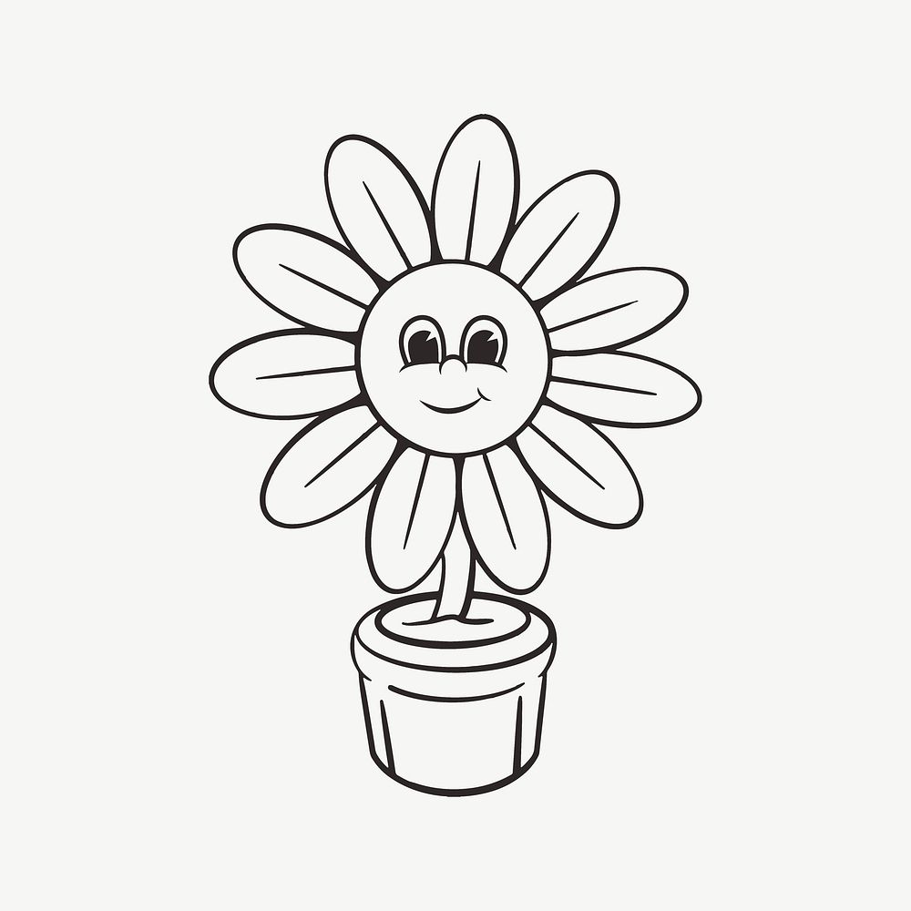 Flower character, retro line illustration psd