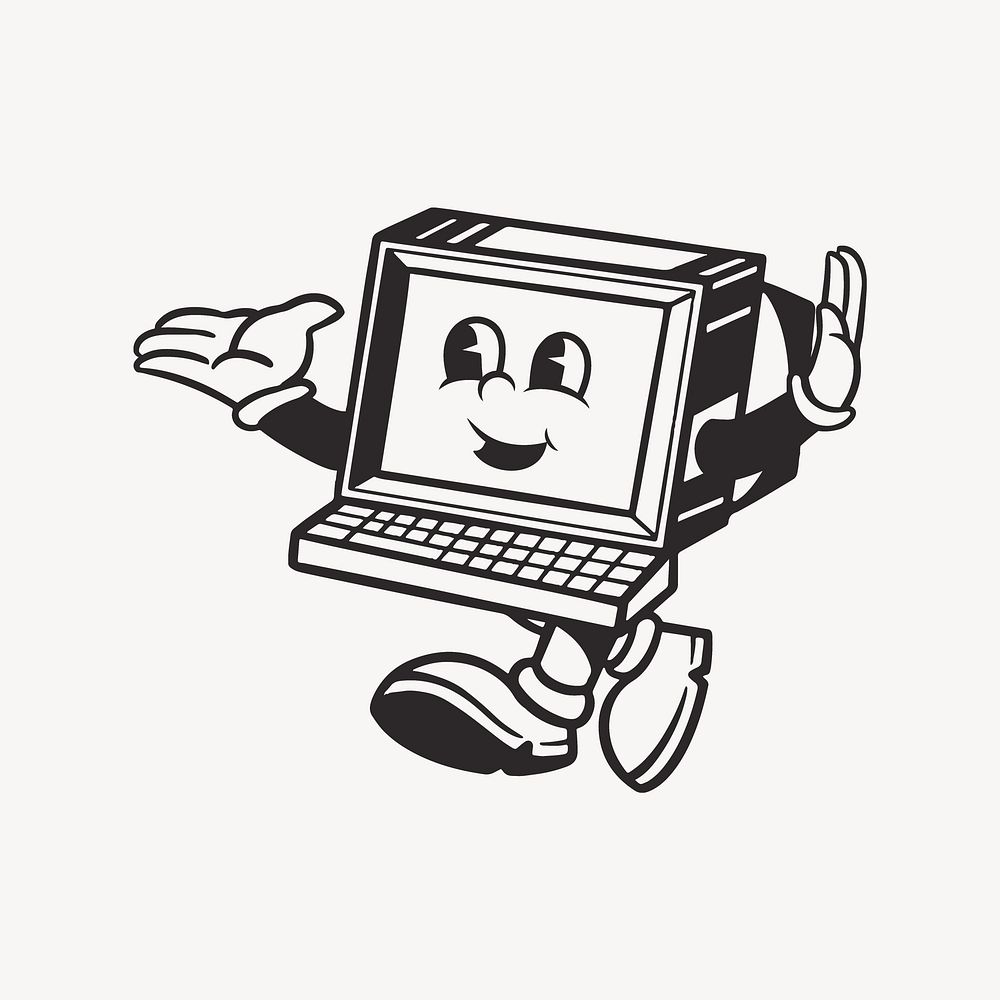 Computer character, retro line illustration vector