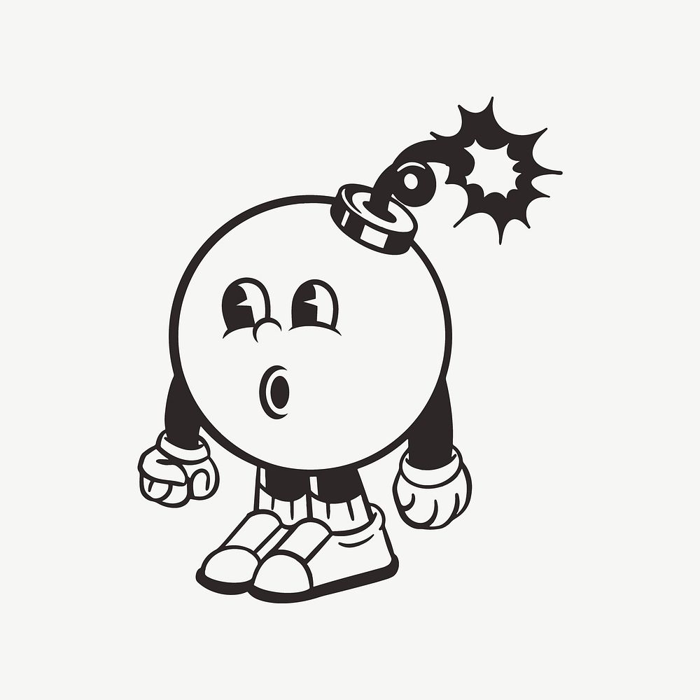 Bomb character, retro line illustration psd