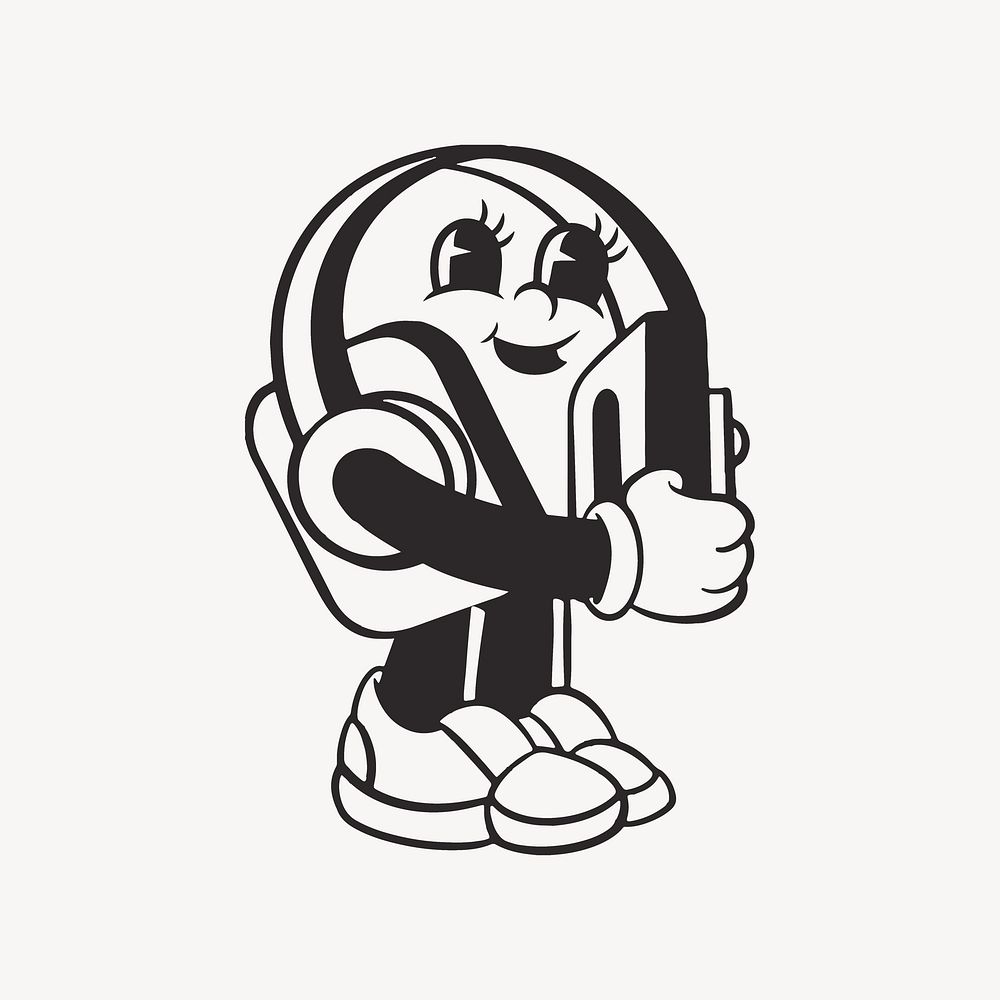 Headphones character, retro line illustration