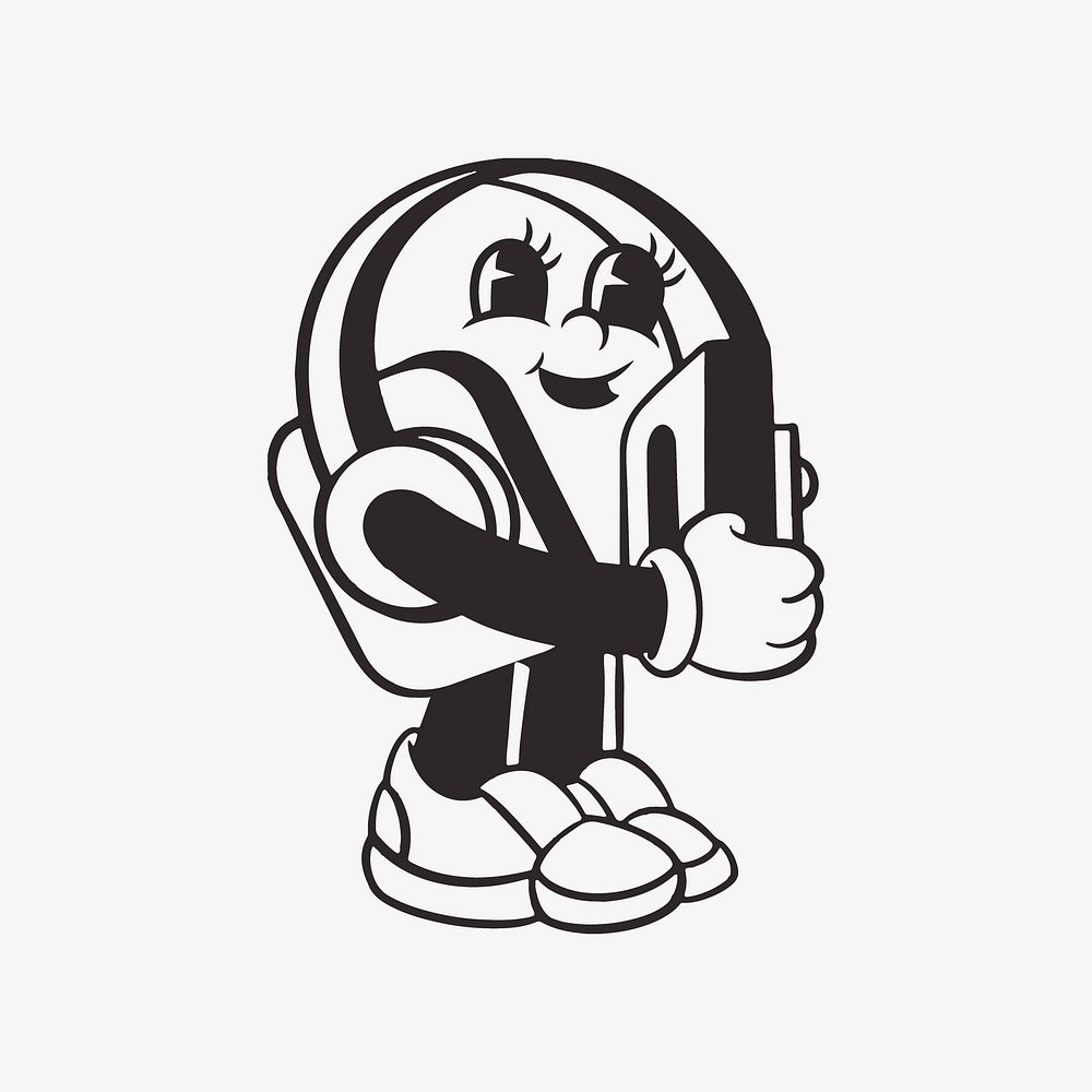 Headphones character, retro line illustration psd