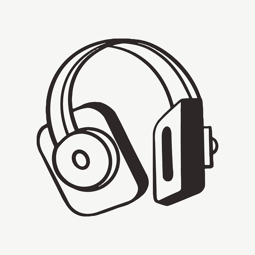 Music headphone retro line illustration, design element psd