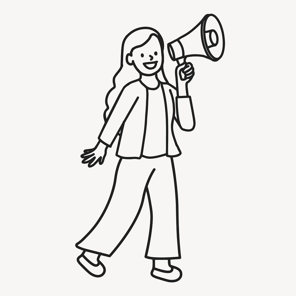 Young woman using loudspeaker public announcement flat line vector
