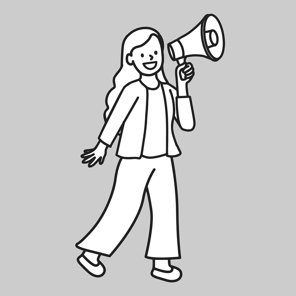 Young woman using loudspeaker for public announcement flat line collage element vector