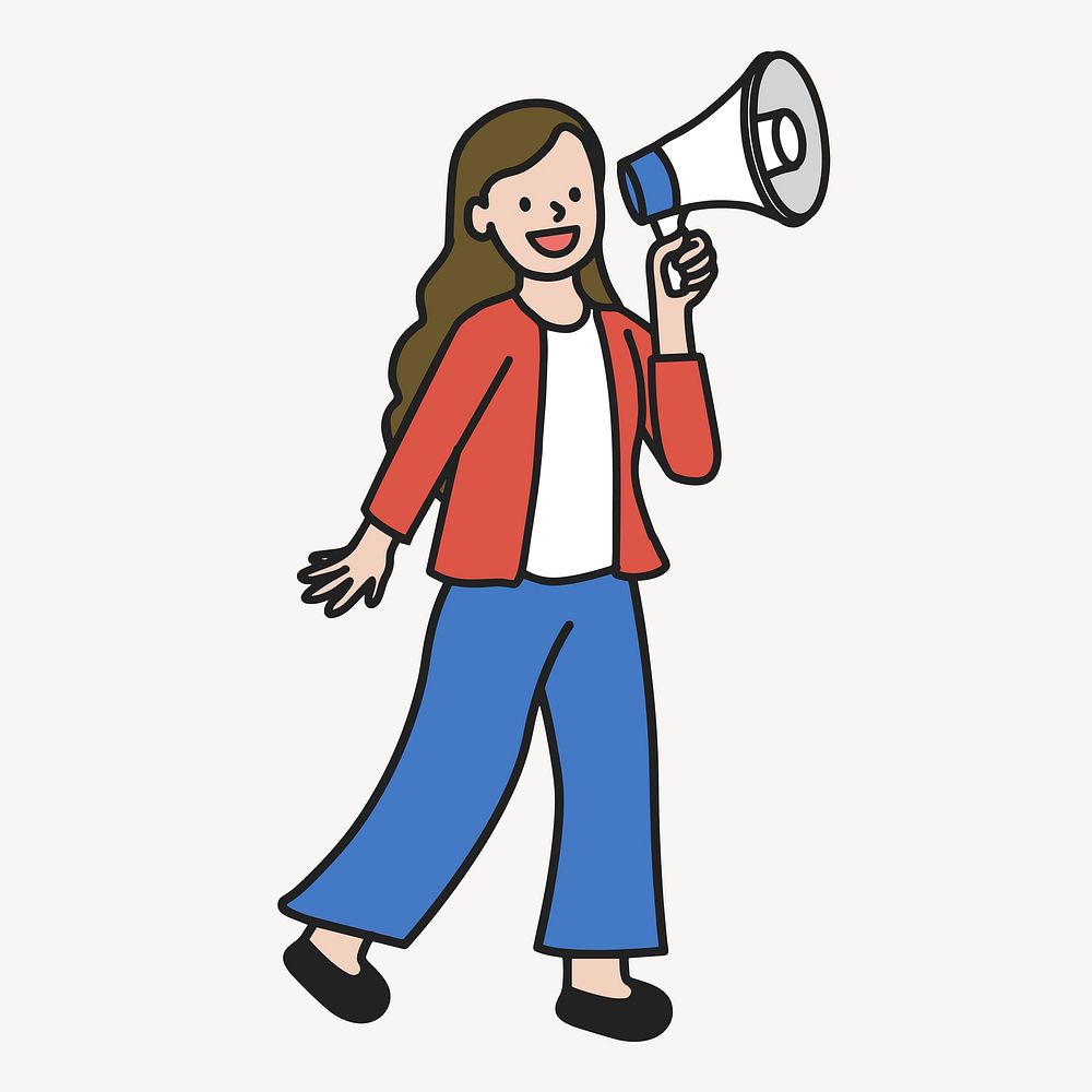 Young woman using loudspeaker for public announcement vector