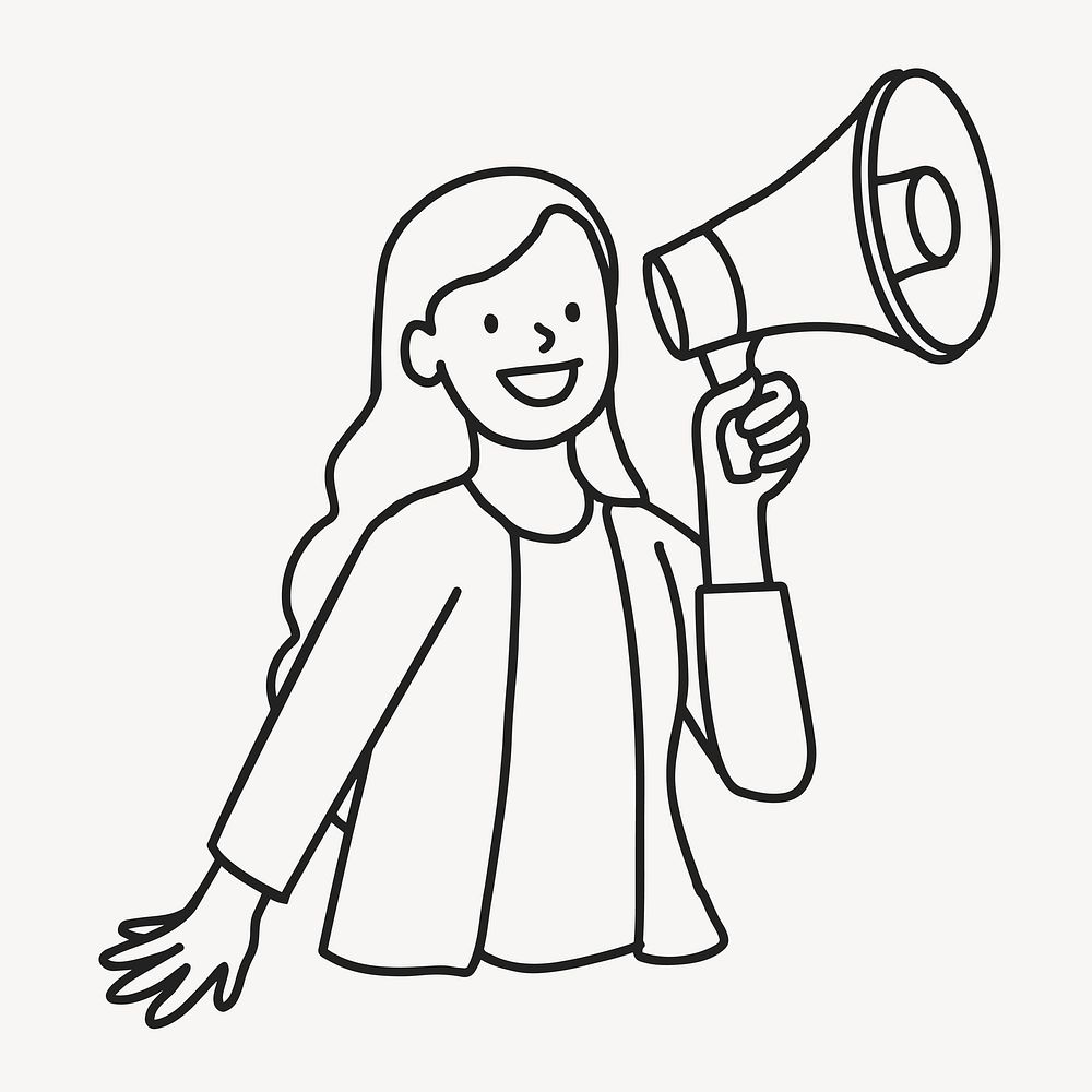 Young woman using loudspeaker for public announcement line art vector