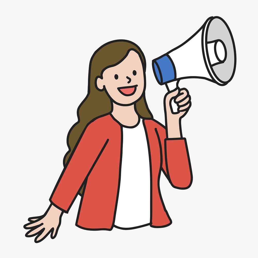 Young woman using loudspeaker for public announcement collage element vector