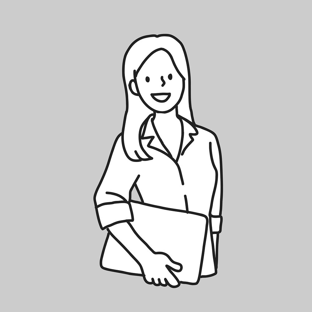 Female office worker holding file line drawing collage element vector