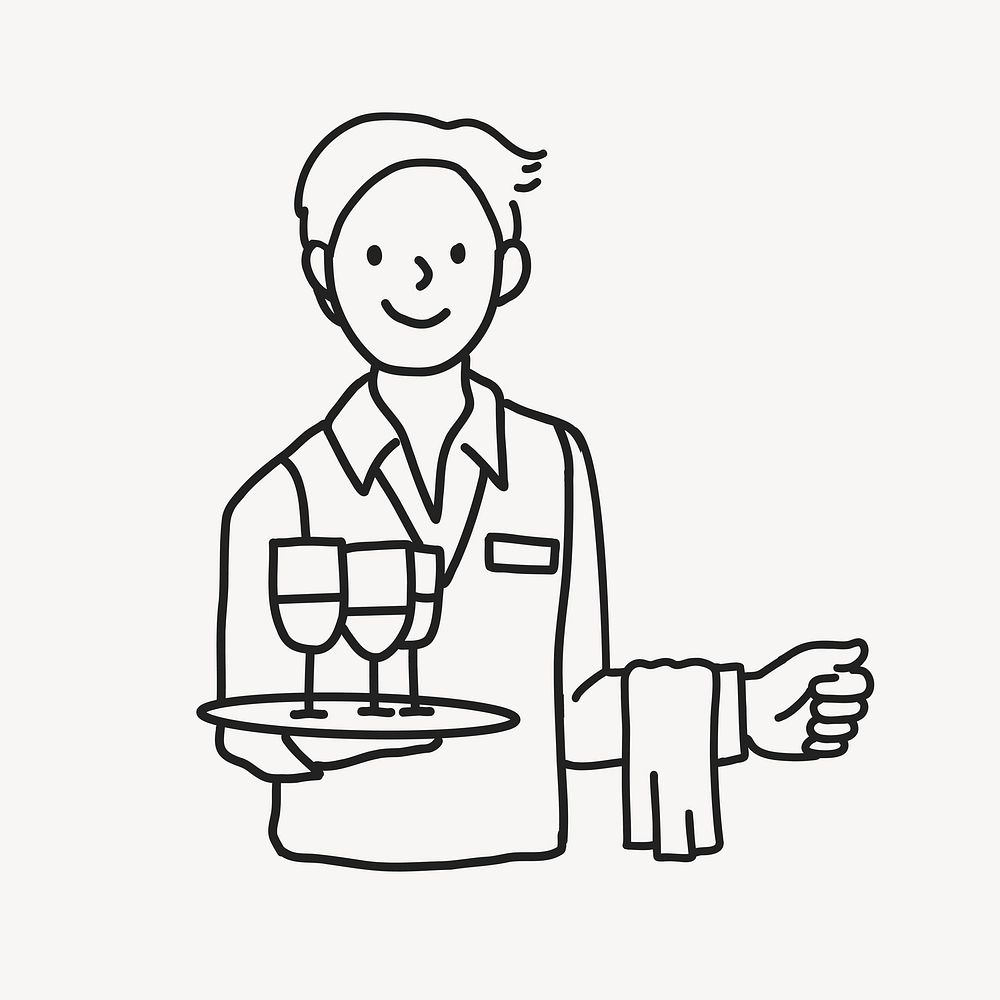 Waiter serving drinks line drawing vector