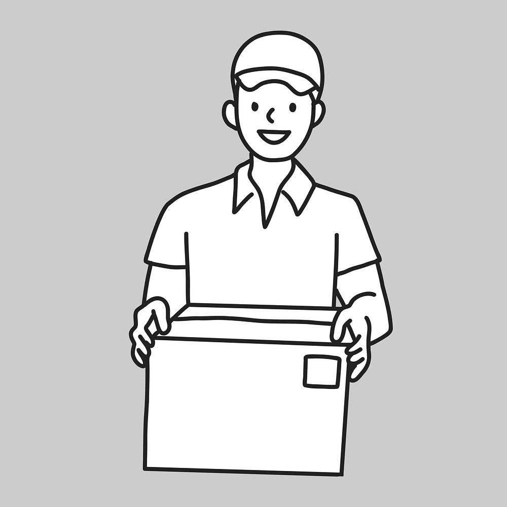 Uniform delivery man carrying parcel flat line collage element vector