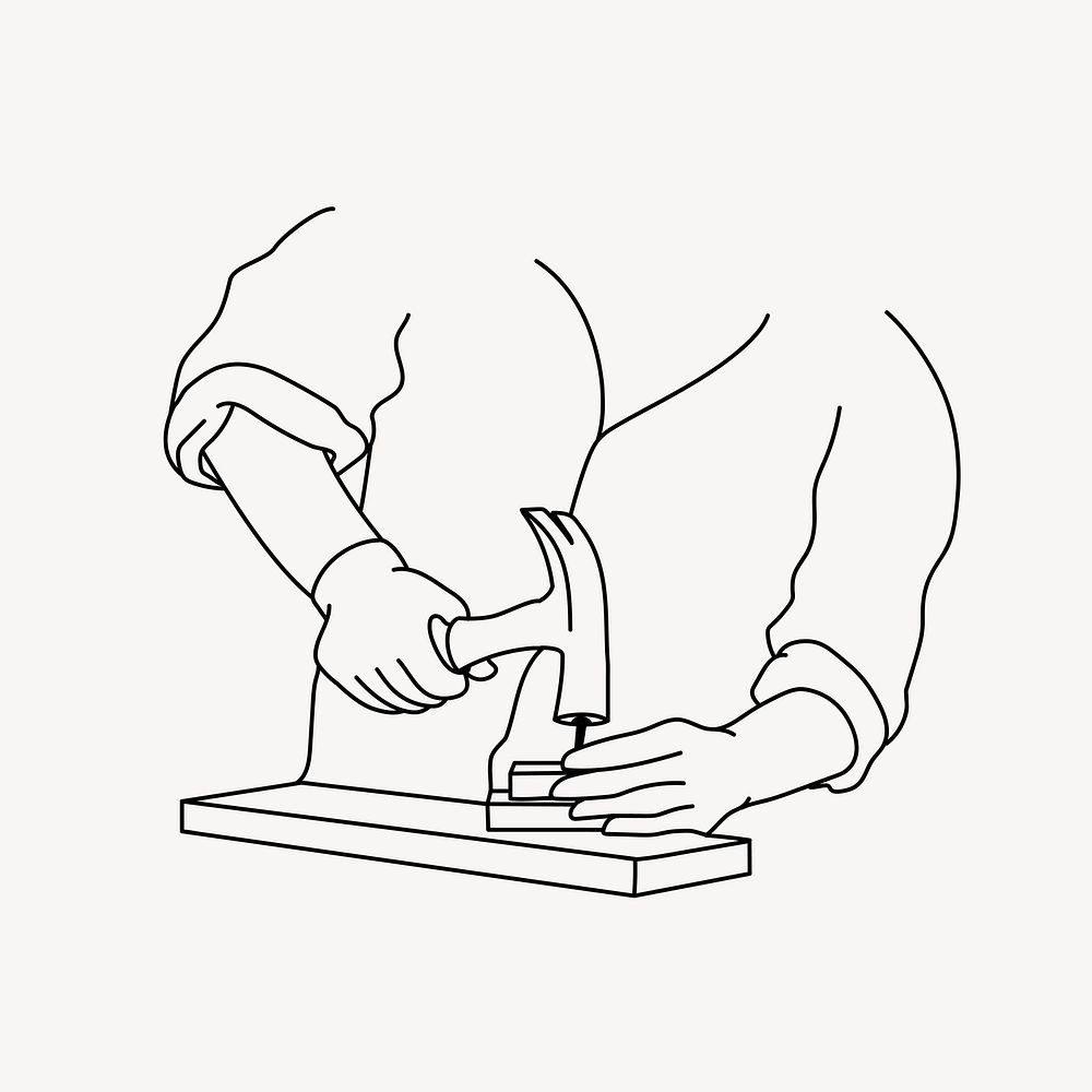 Carpenter using hammer line art illustration vector