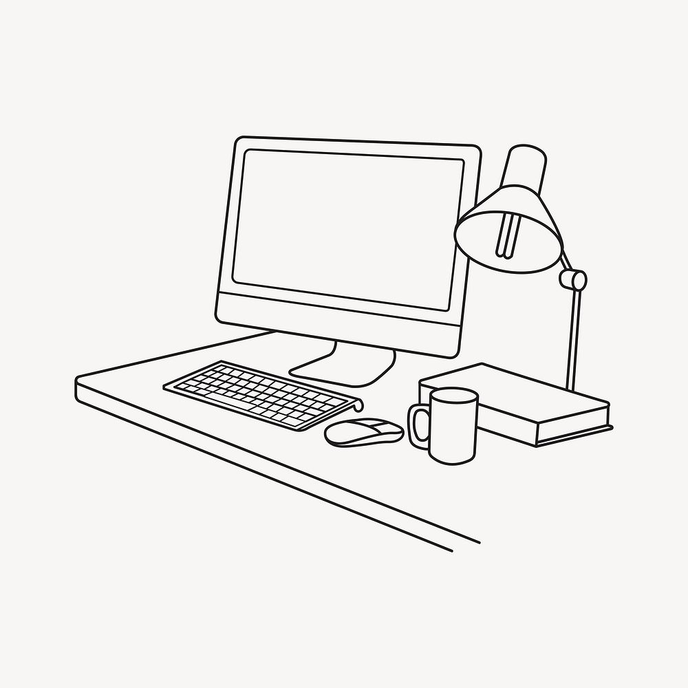 Office workspace, computer desktop line art illustration vector