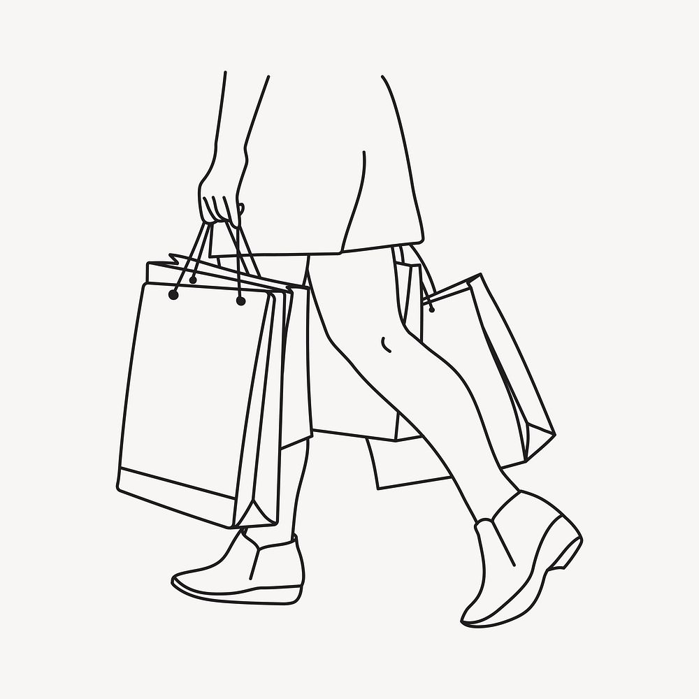 Woman holding shopping bags line art illustration vector
