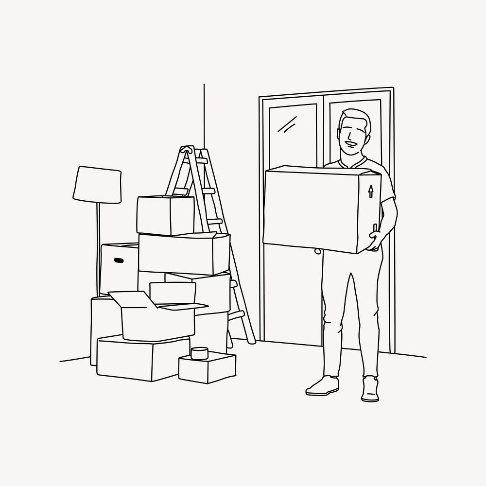 Man carrying moving box line art illustration