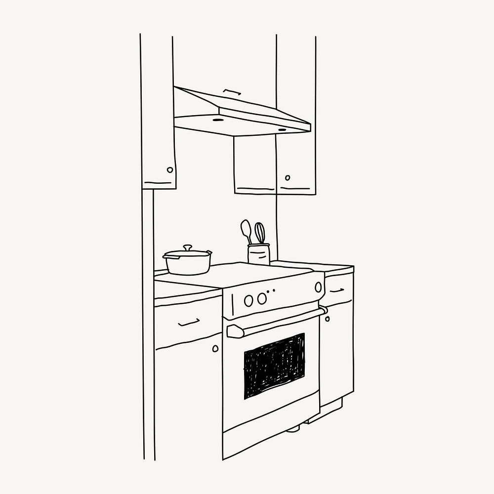 Kitchen stove & oven interior line art illustration