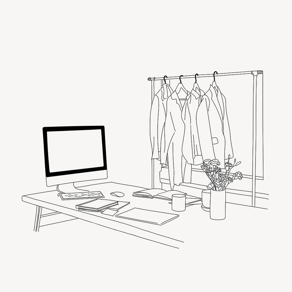 Fashion designer workspace line art illustration