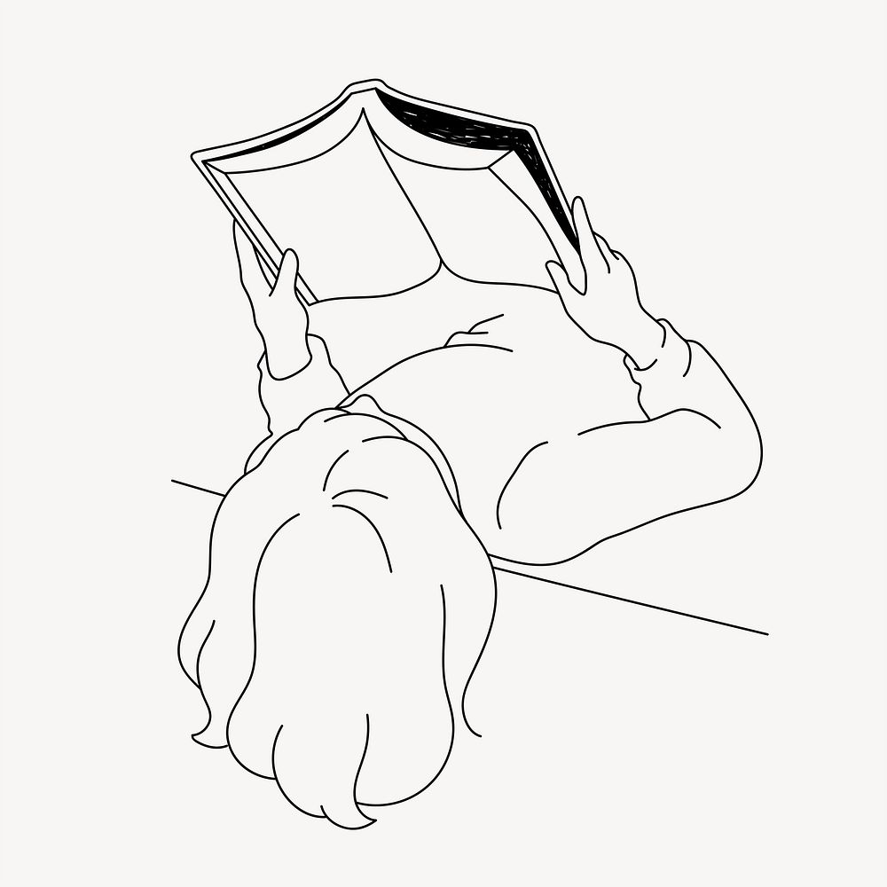 Woman reading book, hobby line art illustration vector