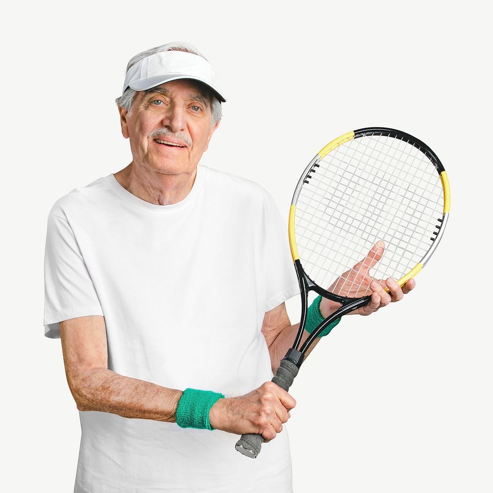 Senior man holding tennis racket collage element psd