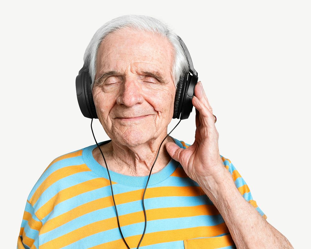 Happy senior man listening to music with headphones  collage element psd