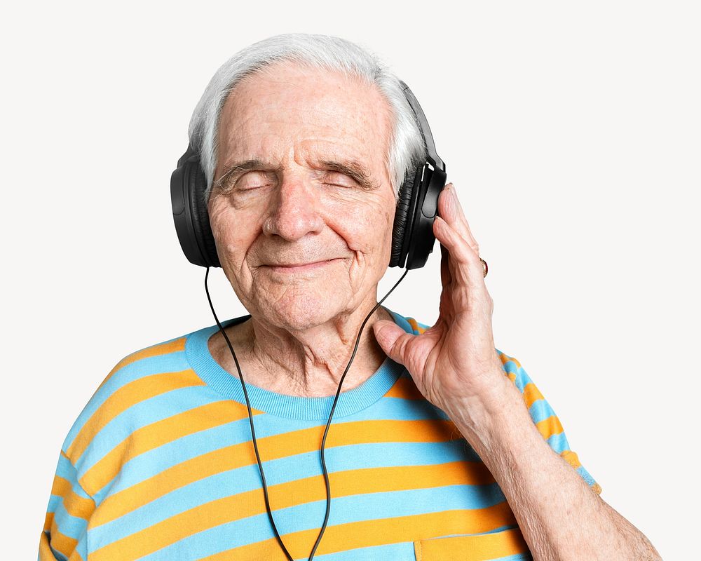 Happy senior man listening to music with headphones image element