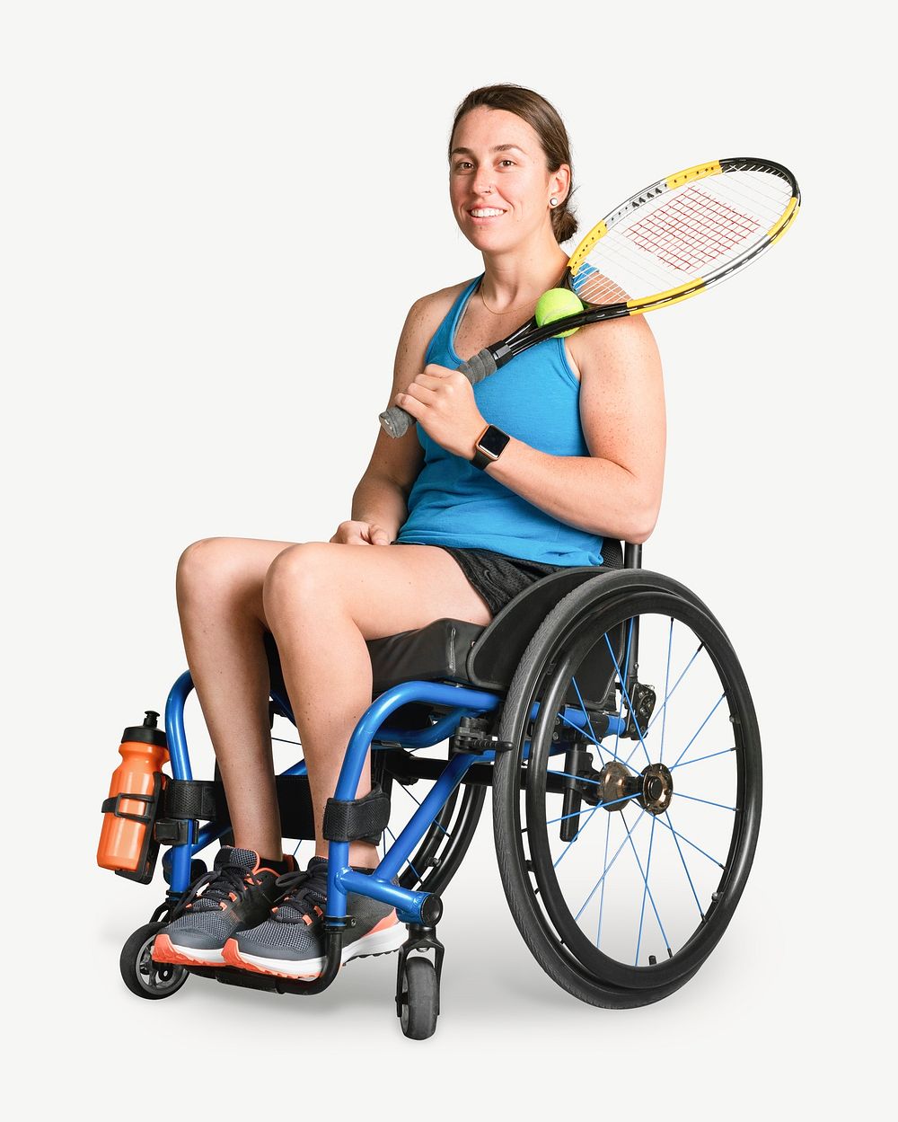 Female athlete in wheelchair holding tennis racket collage element psd