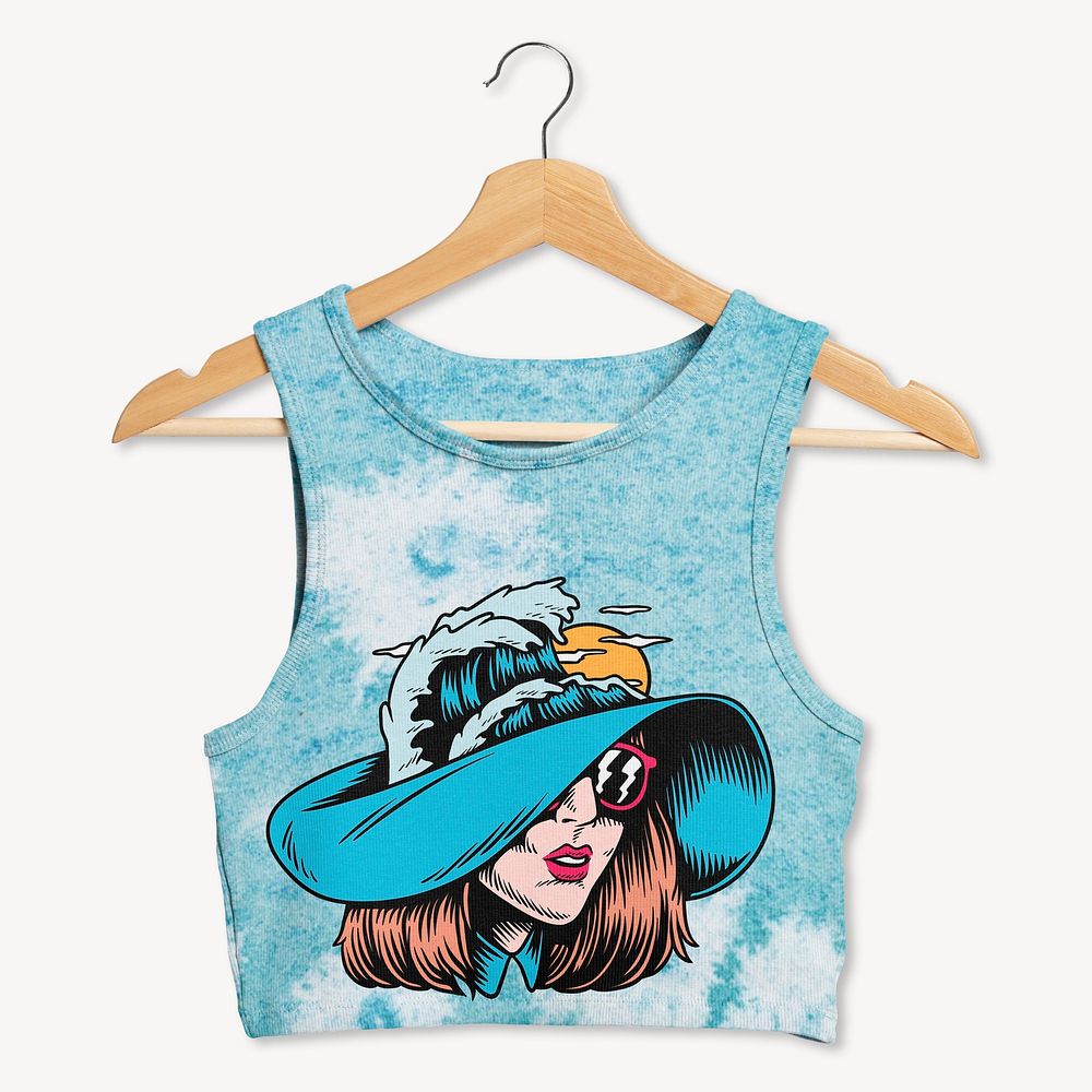 Blue tie-dye tank crop top, printed fashionable woman cartoon