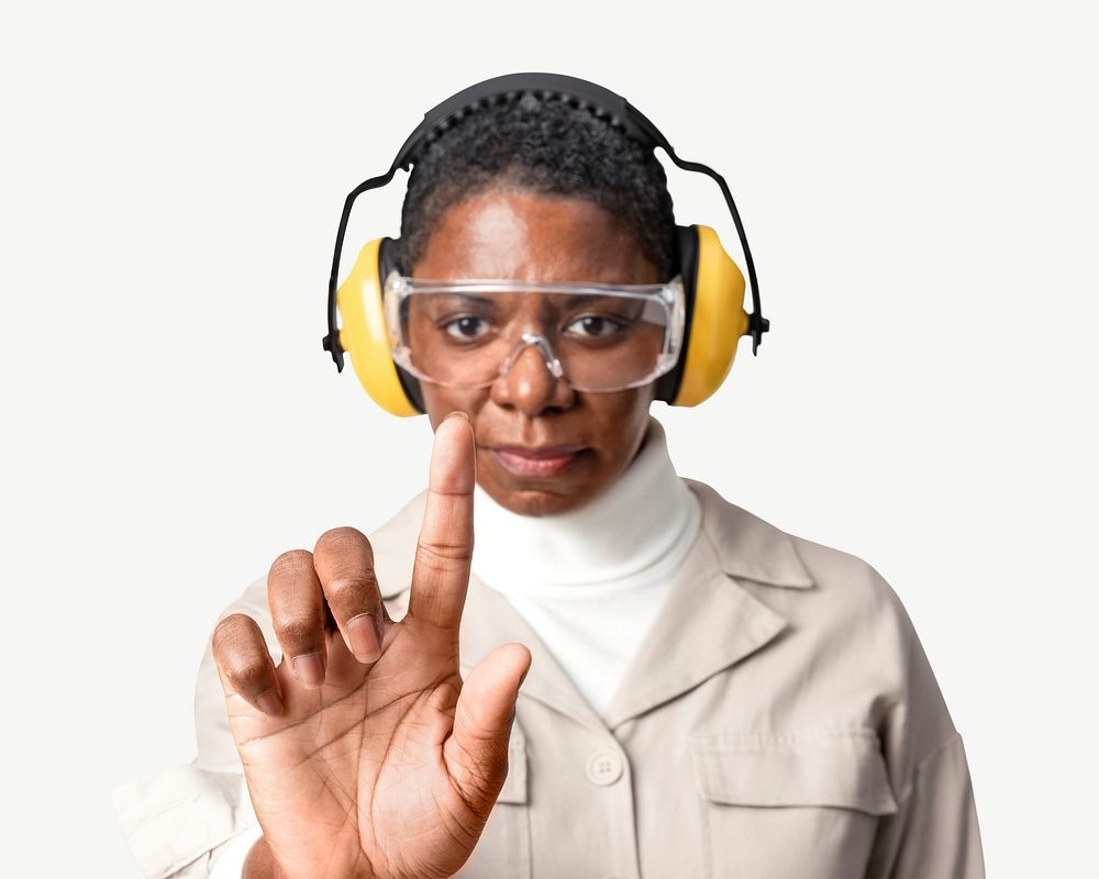 Civil engineer with safety glasses and earmuffs design element psd