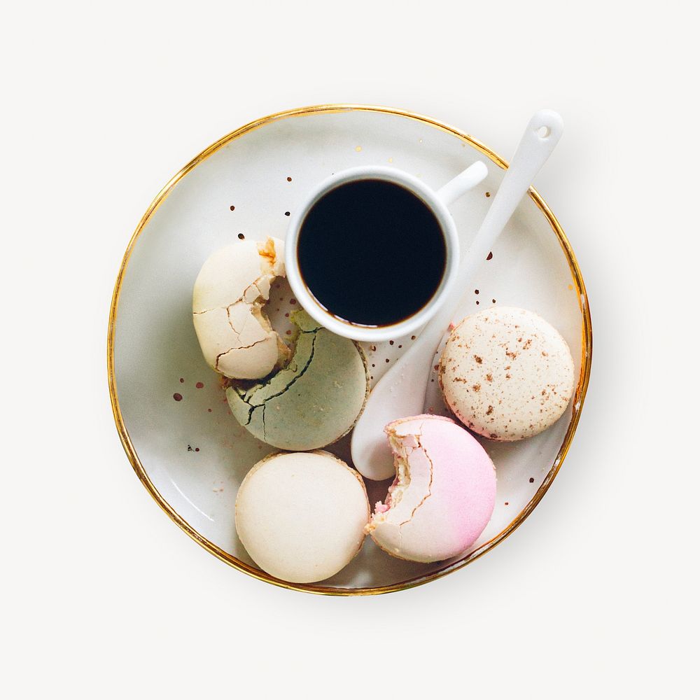 Coffee and macaroons on white background