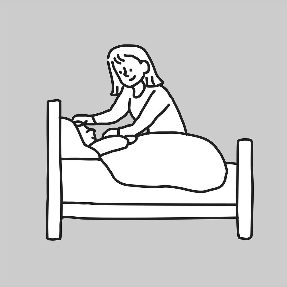 Mother taking care of sick kid line art vector