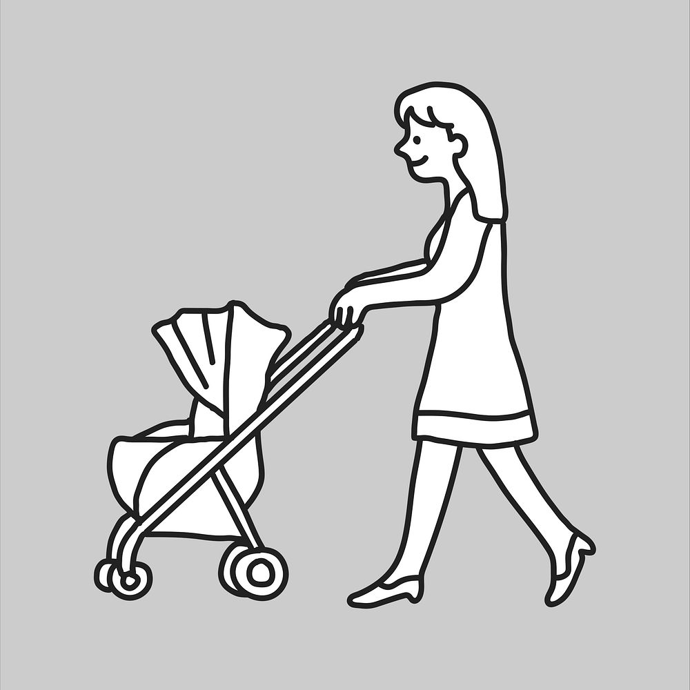 Mother baby stroller flat line vector