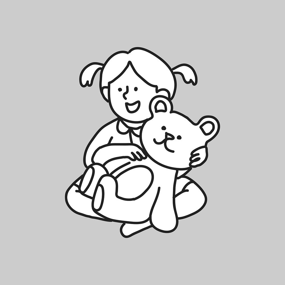 Little girl with teddy bear line drawing collage element vector