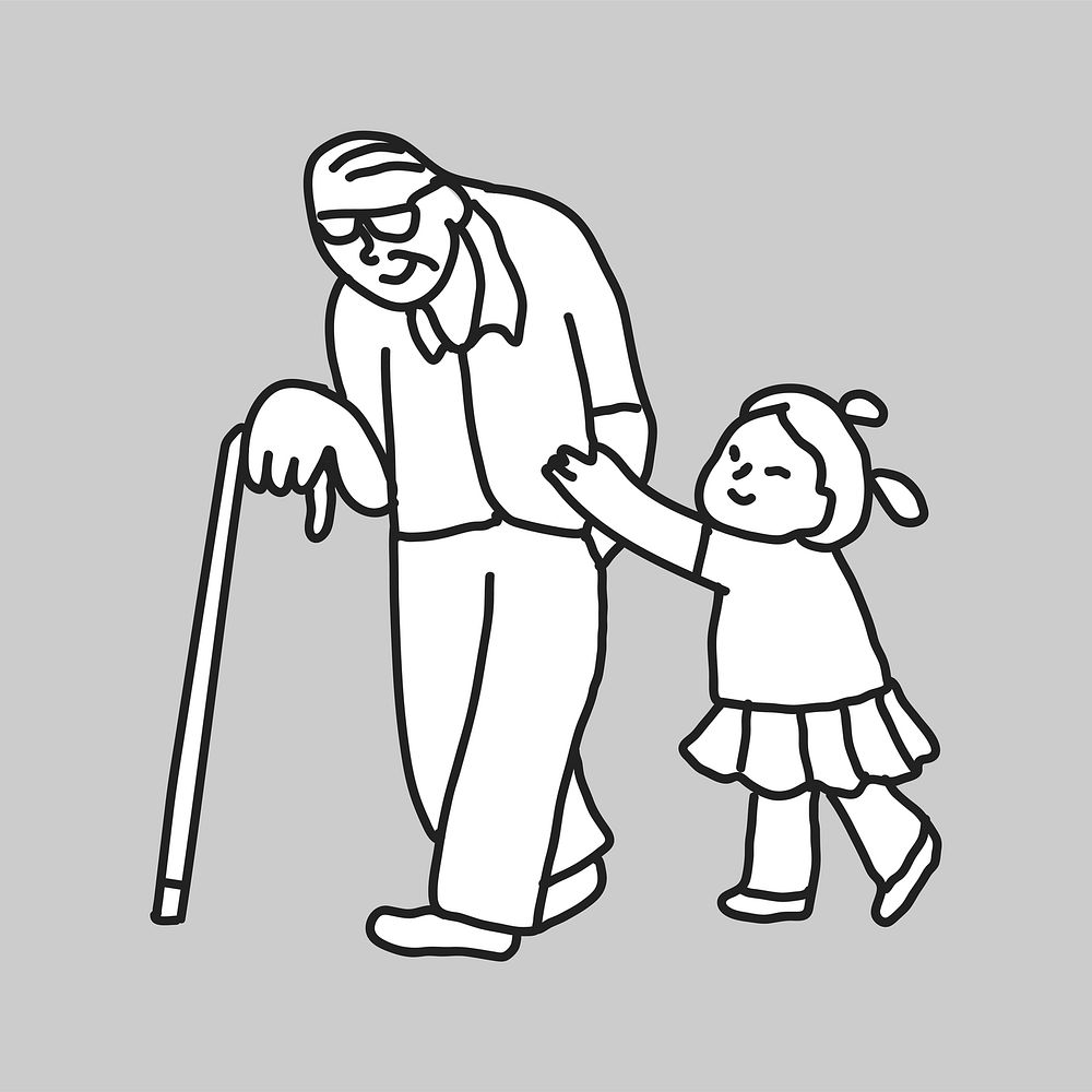 Grandfather little girl walking line art collage element vector
